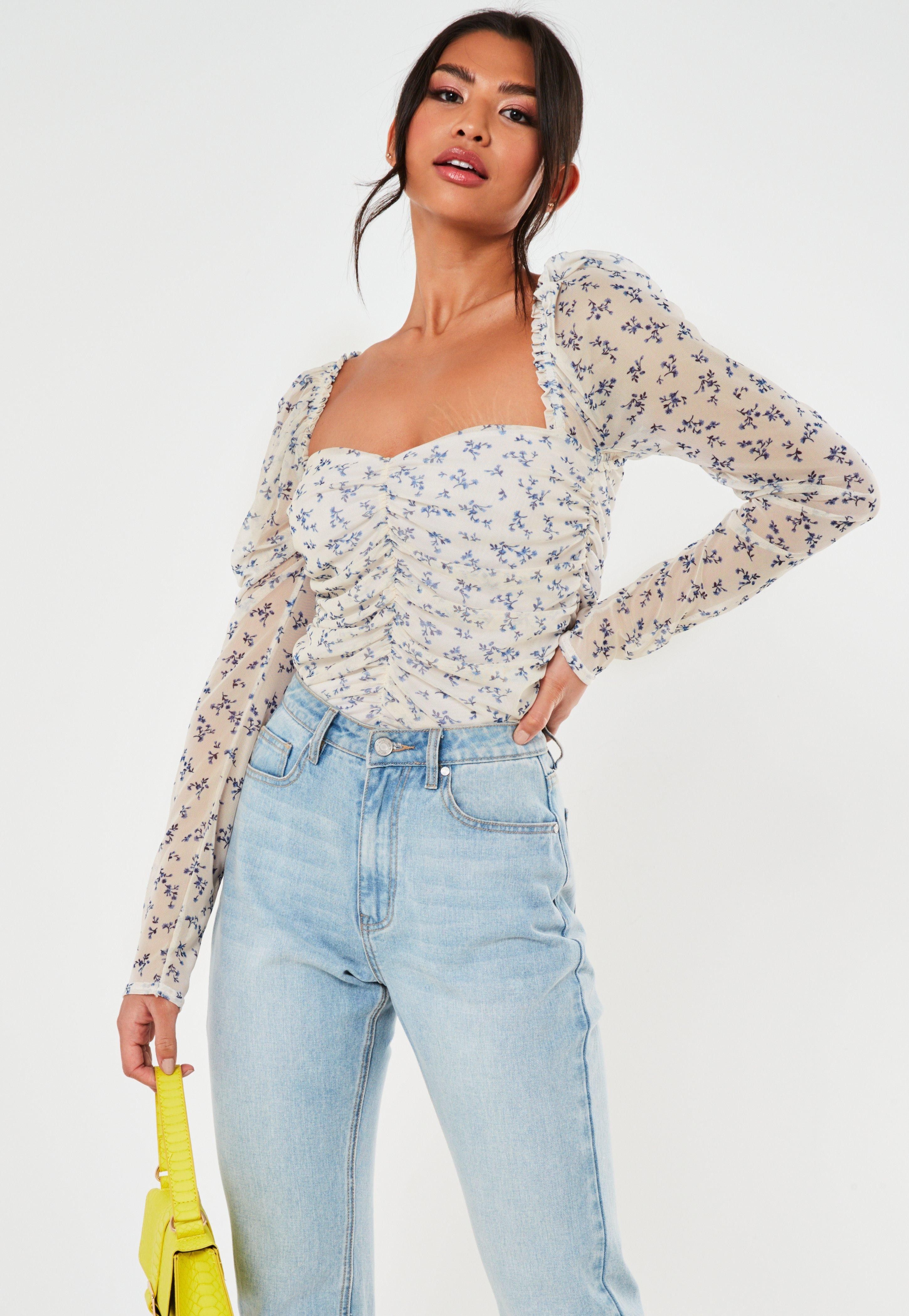 Cream Ditsy Floral Ruched Mesh Top | Missguided (US & CA)
