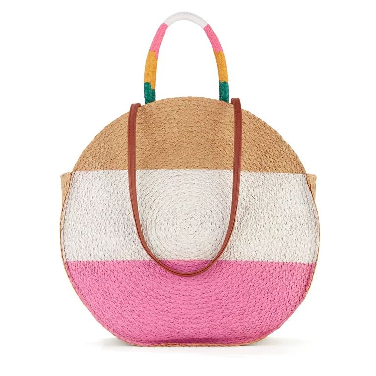 Time and Tru Women's Striped Straw Circle Tote Bag with Inner Slip Pocket Coral Multi | Walmart (US)