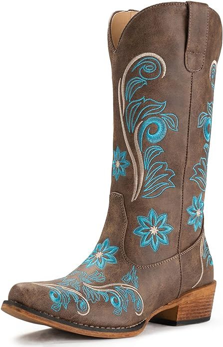 IUV Cowboy Boots For Women Mid Calf Western Boots Cowgirl Pull-On Tabs Pointy Toe Boot | Amazon (US)