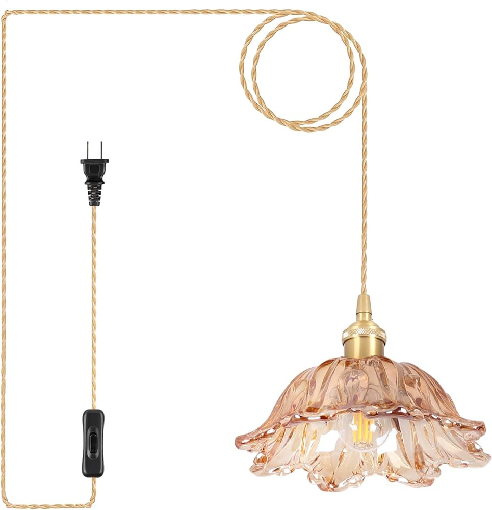 Plug in Pendant Light Fixtures,Hanging Light Fixture Amber Glass Pendant Light E26 Pendant Lighti... | Amazon (US)