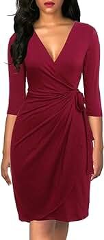Berydress Women's Classic 3/4 Sleeve V Neck Sheath Casual Party Work Faux Black Wrap Dress | Amazon (US)
