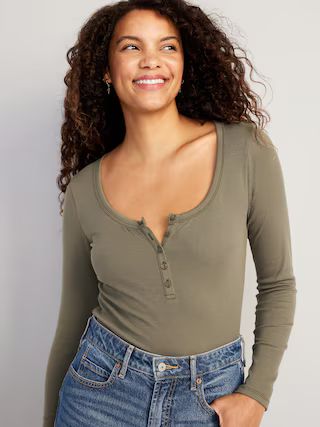 Fitted Rib-Knit Henley T-Shirt for Women | Old Navy (US)