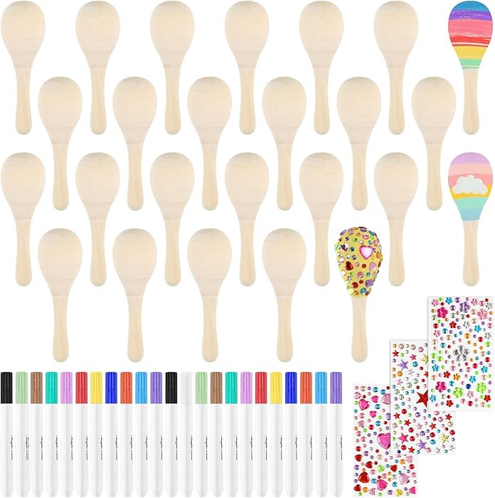 PLULON 15 Pcs Mini Wooden Maracas for Kids Unfinished Wood Maracas Bulk with 15 Pcs Colorful Pain... | Amazon (US)