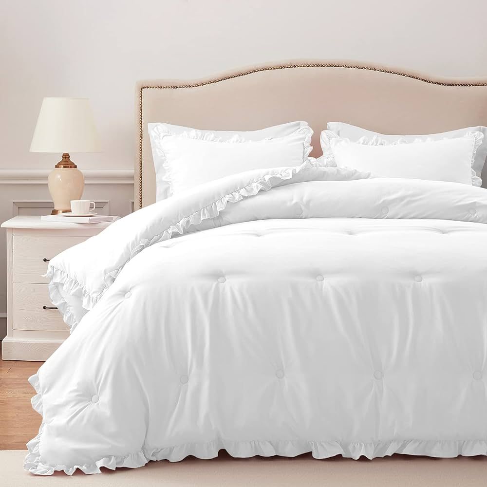 HARBOREST Queen Comforter Set White - Ruffle Comforter for Queen Size Bed, Lightweight Comforter Set for All Seasons, 3 Pieces Shabby Chic Bedding Comforter Set(1 Comforter & 2 Pillow Shams) | Amazon (US)