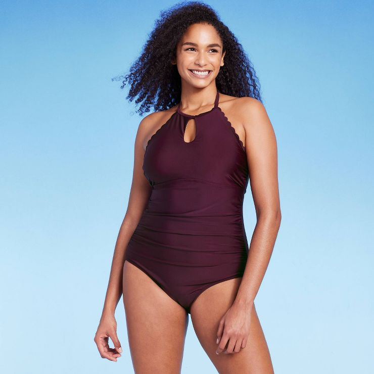 Women's Scallop High Neck Full Coverage One Piece Swimsuit - Kona Sol™ Atlantic Burgundy | Target