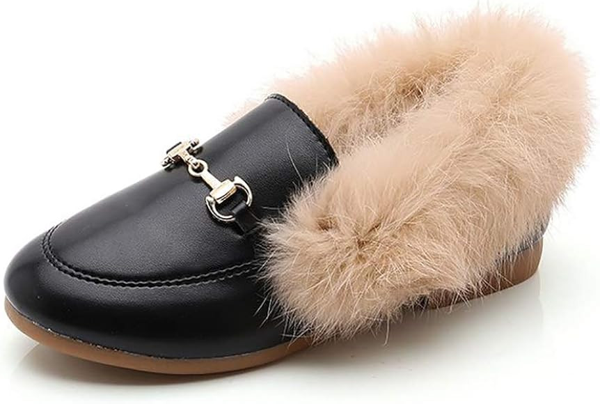 Girls Winter Warm Fur Loafers Slip-on PU Leather Girls Dress Shoes Flats | Amazon (US)