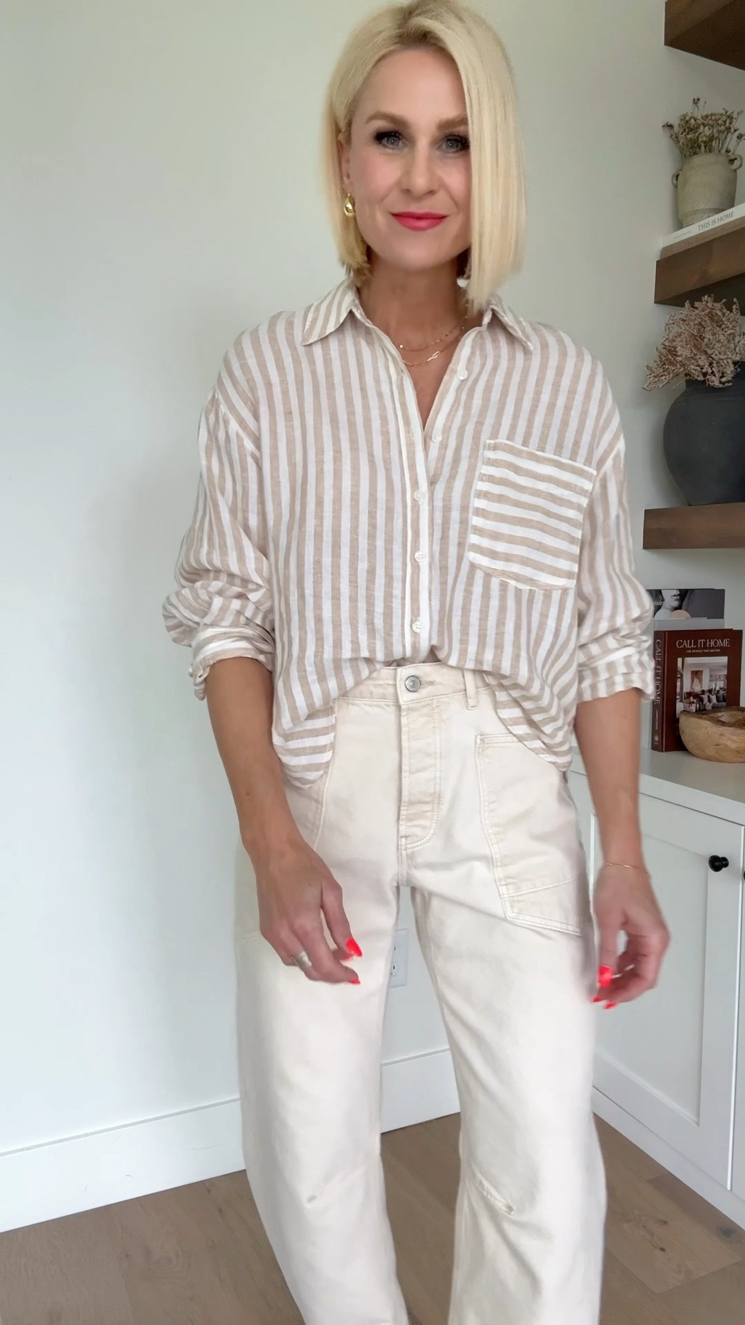 Neutral spring staples. Classic striped linen shirt with most flattering silhouette @Anthropologie, the perfect ecru barrel jeans and suede sandals w/the perfect kitten heel @Target 
Size Down ⬇️ in shirt & jeans — wearing a small & size 26. Shoes fit tts, & also come in brown 

#LTKdayinmylife #LTKmomlife #LTKgrwm