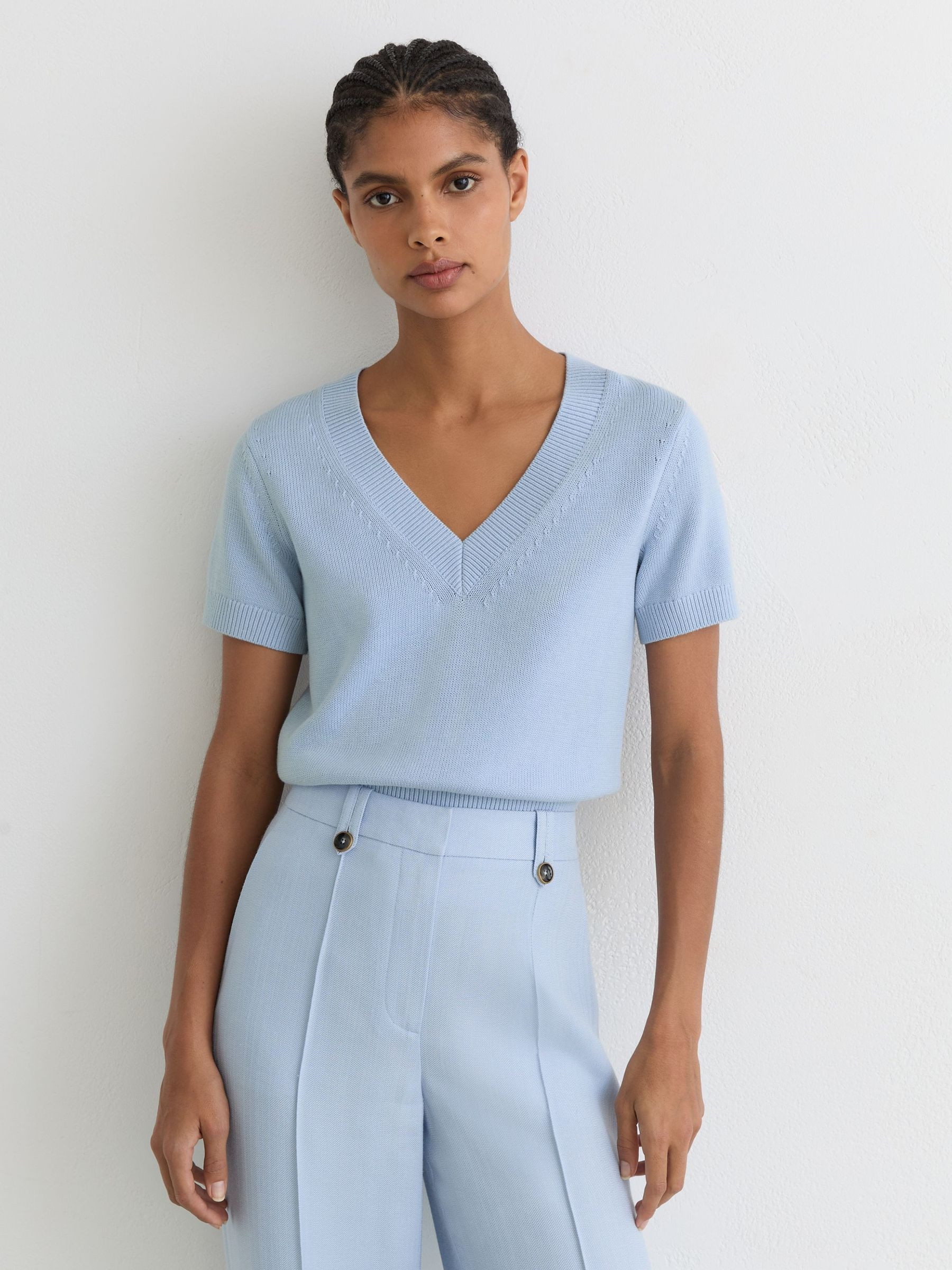 Reiss Cotton-Wool Knit V-Neck Top in Soft Blue | REISS | Reiss US