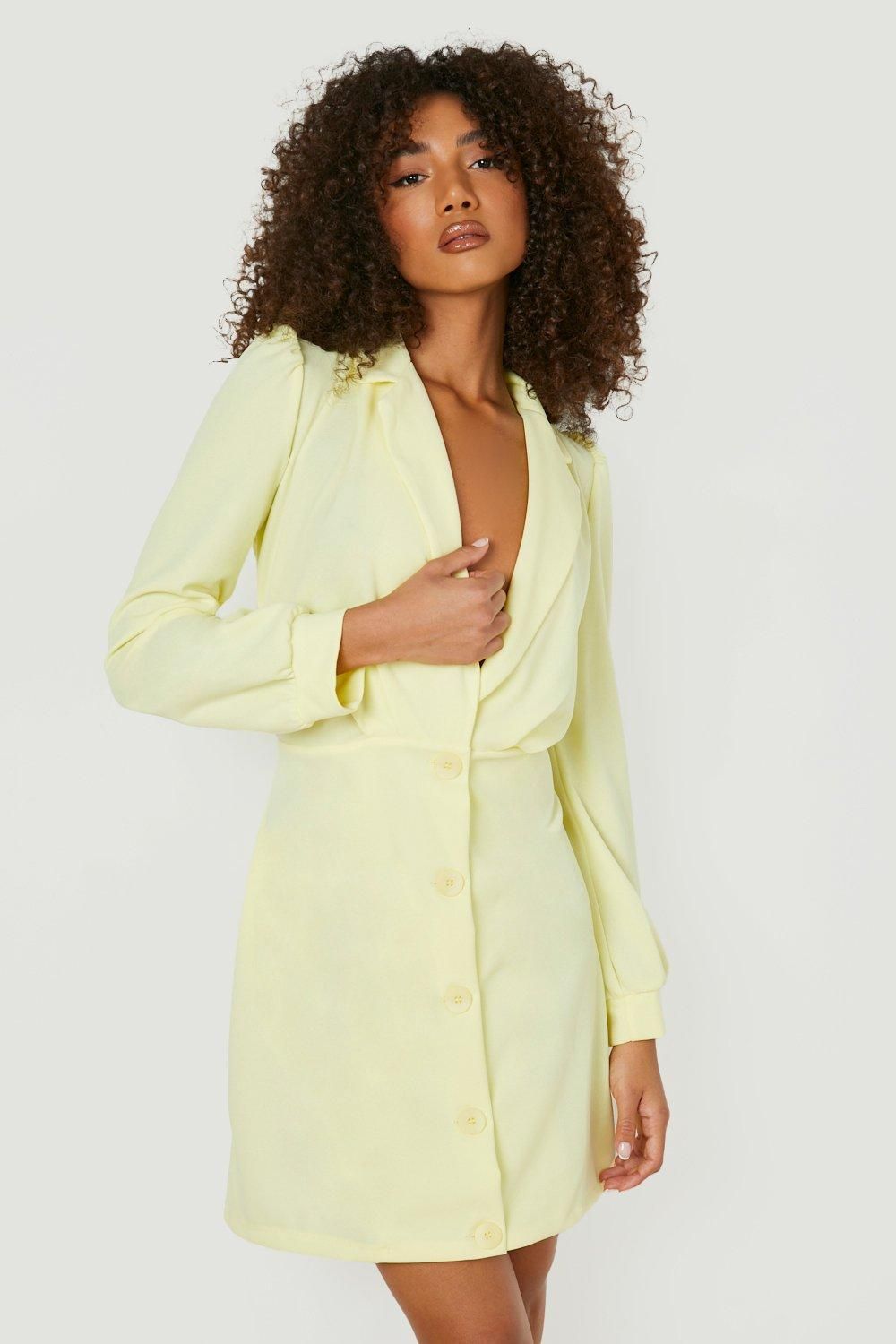 Womens Tall Button Front Ruched Detail Blazer Dress - Yellow - 6 | Boohoo.com (US & CA)