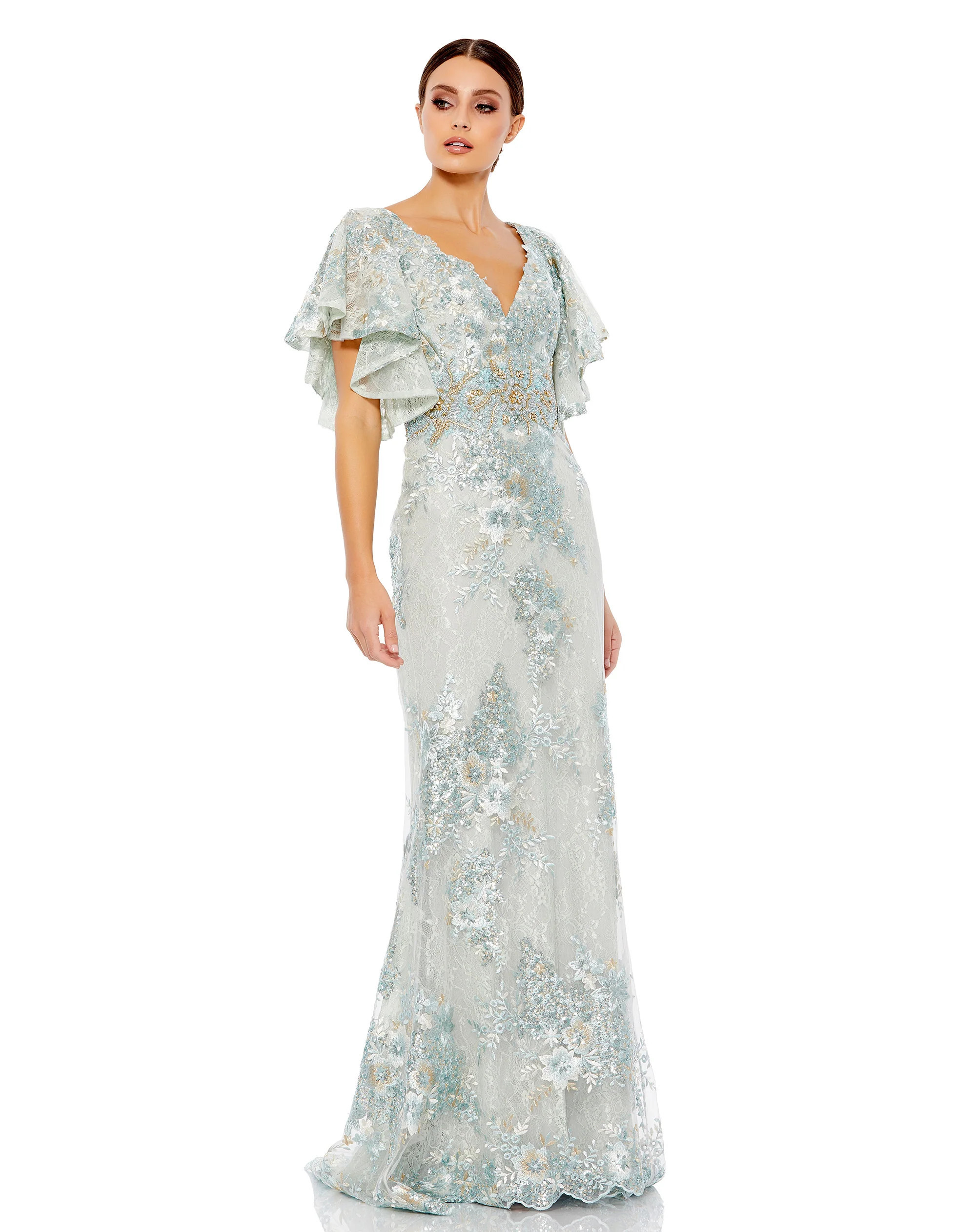 Bell Sleeve Floral Embellished Gown | Mac Duggal