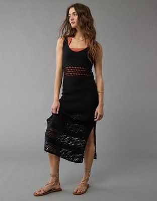 AE Crochet Mix Stitch Midi Dress | American Eagle Outfitters (US & CA)