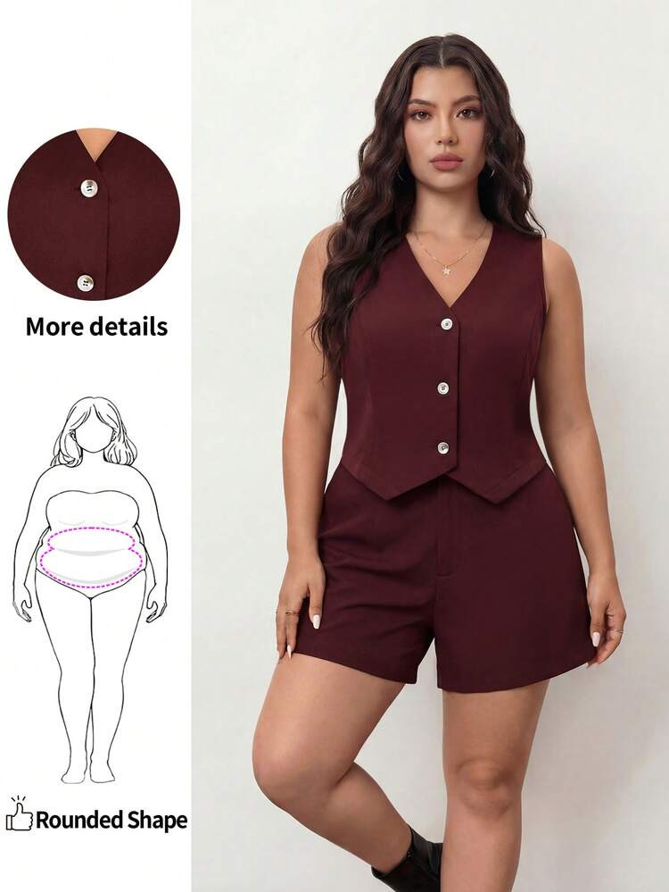 Enliva Plus Size Spring/Summer Casual Commuter Solid Color Vest And Shorts Suit Set,Business Casu... | SHEIN