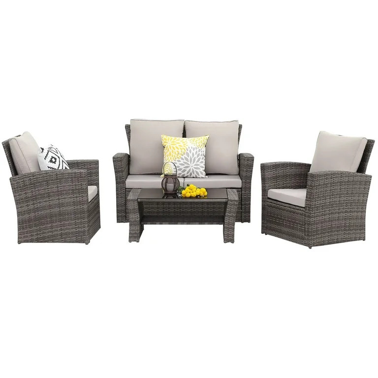 CozyHom 4 Piece Outdoor Patio Furniture Sets, Rattan Wicker Conversation Set for Porch Deck, Grey | Walmart (US)