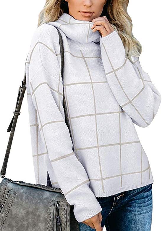 Womens Turtleneck Grid Pattern Loose Pullover Sweaters Long Sleeve Chunky Plaid Knitted Jumper To... | Amazon (US)