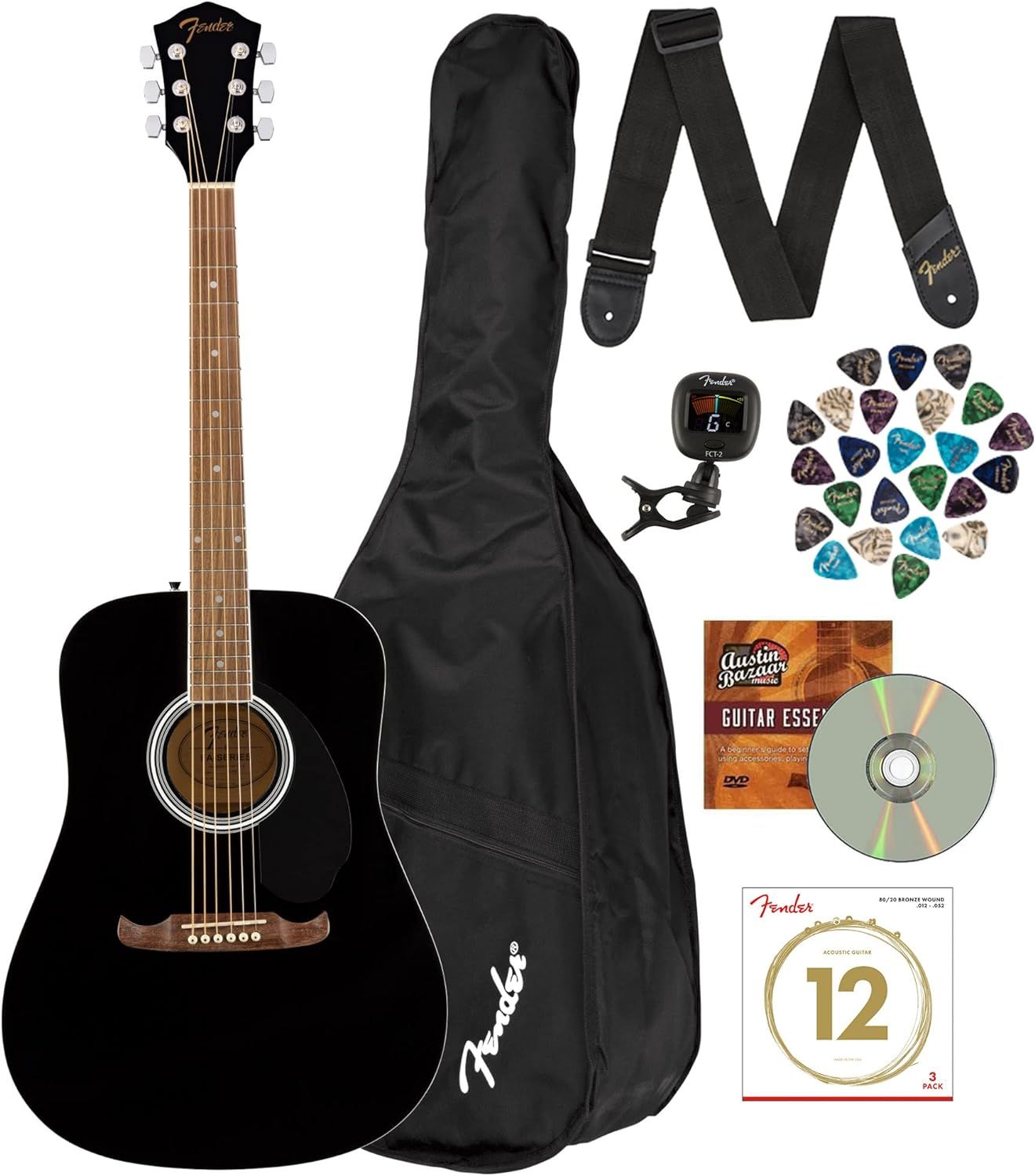 Fender FA-125 Dreadnought Acoustic Guitar - Black Bundle with Gig Bag, Tuner, Strap, Strings, Pic... | Amazon (US)