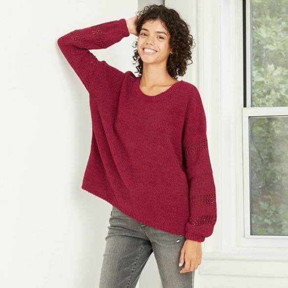 Women's Crewneck Chenille Pullover Sweater with Pointelle Sleeves - Knox Rose™ | Target