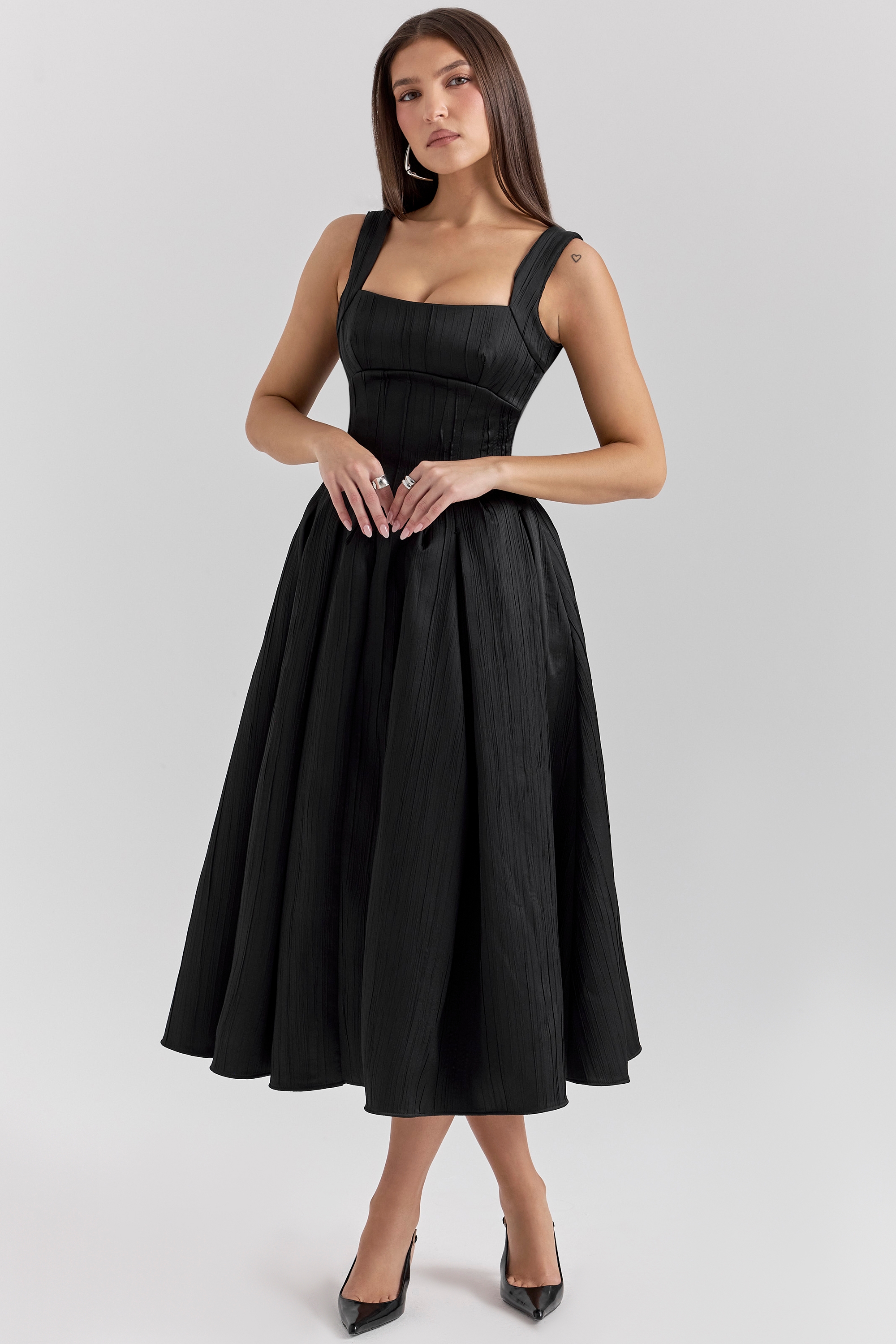 black textured satin corset midi dress | House of CB
