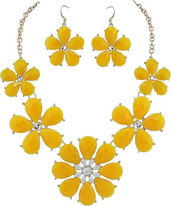Firstmeet Shiny Flower Statement Collar Necklace with Earrings | Amazon (US)
