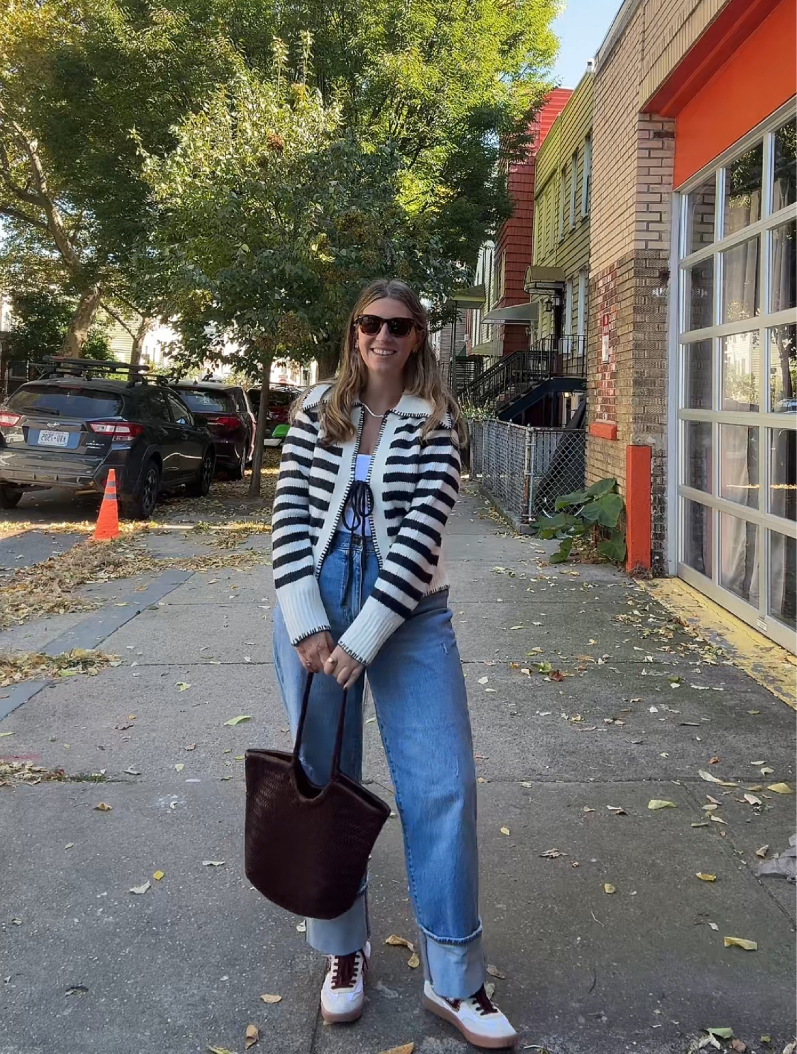 Striped cardigan for fall. Wearing a medium!