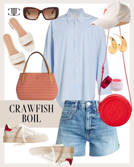 What to wear to a crawfish boil? Here is a comfy and festive look to wear with a pop of red to match the crawfish.

Denim shorts, blouse, casual outfit, summer outfit, spring outfit, sunglasses, baseball cap 

#LTKshoecrush #LTKover40 #LTKstyletip