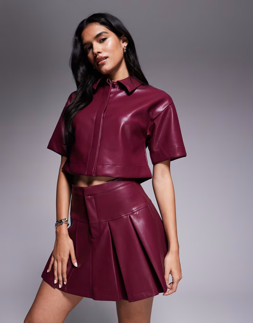 ASOS DESIGN co-ord leather look pleated mini skirt in burgundy-Red | ASOS (Global)