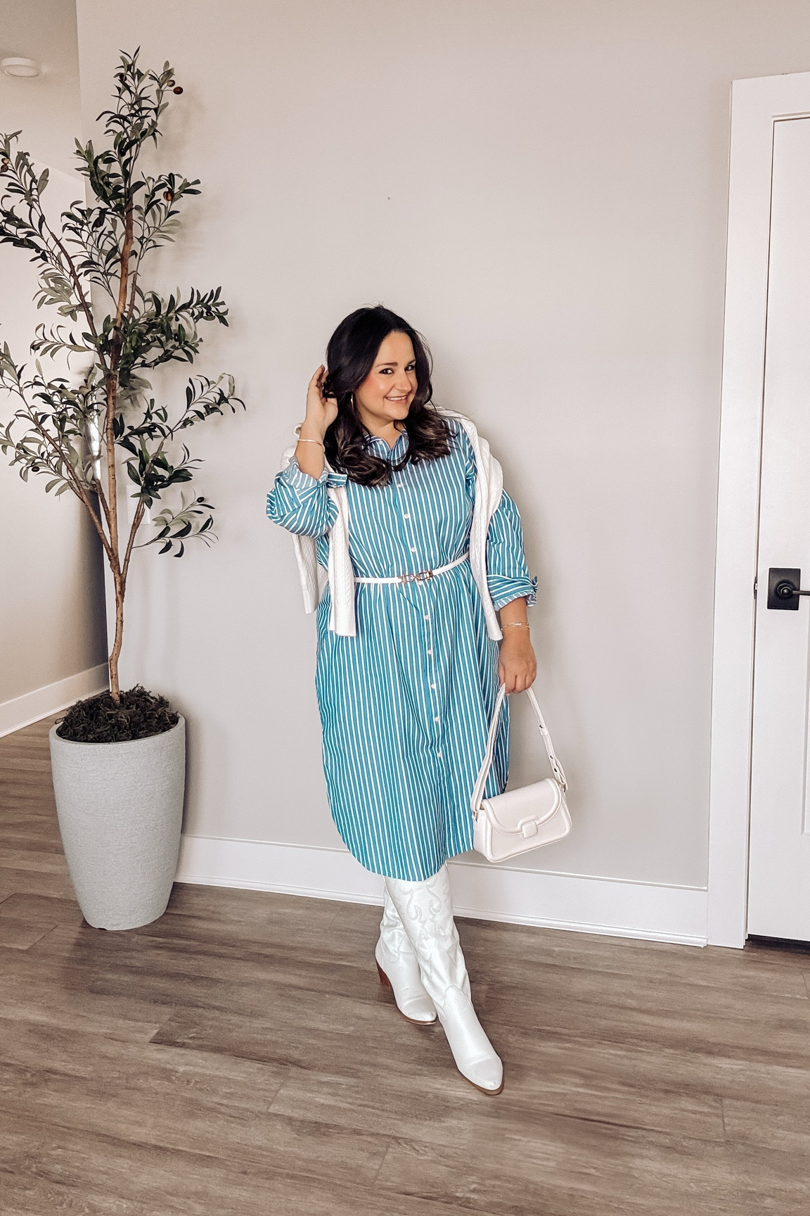 The cutest shirt dress that would be perfect to wear to work! Wearing a size large.

I paired with my white cowgirl boots to make it more fun! And how cute is this beige purse!

Also linked my favorite bra and undies!

Midsize, curvy, work outfit, workwear, plus size, petite, shirt dress, dress with sleeves, striped dress

#LTKMidsize #LTKWorkwear #LTKPlusSize