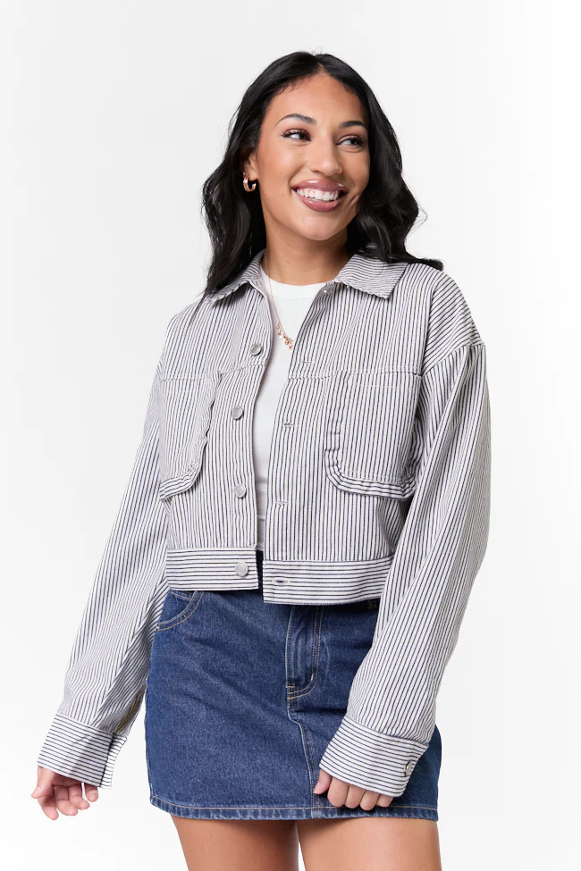 Say It Again Navy Striped Denim Jacket | Pink Lily