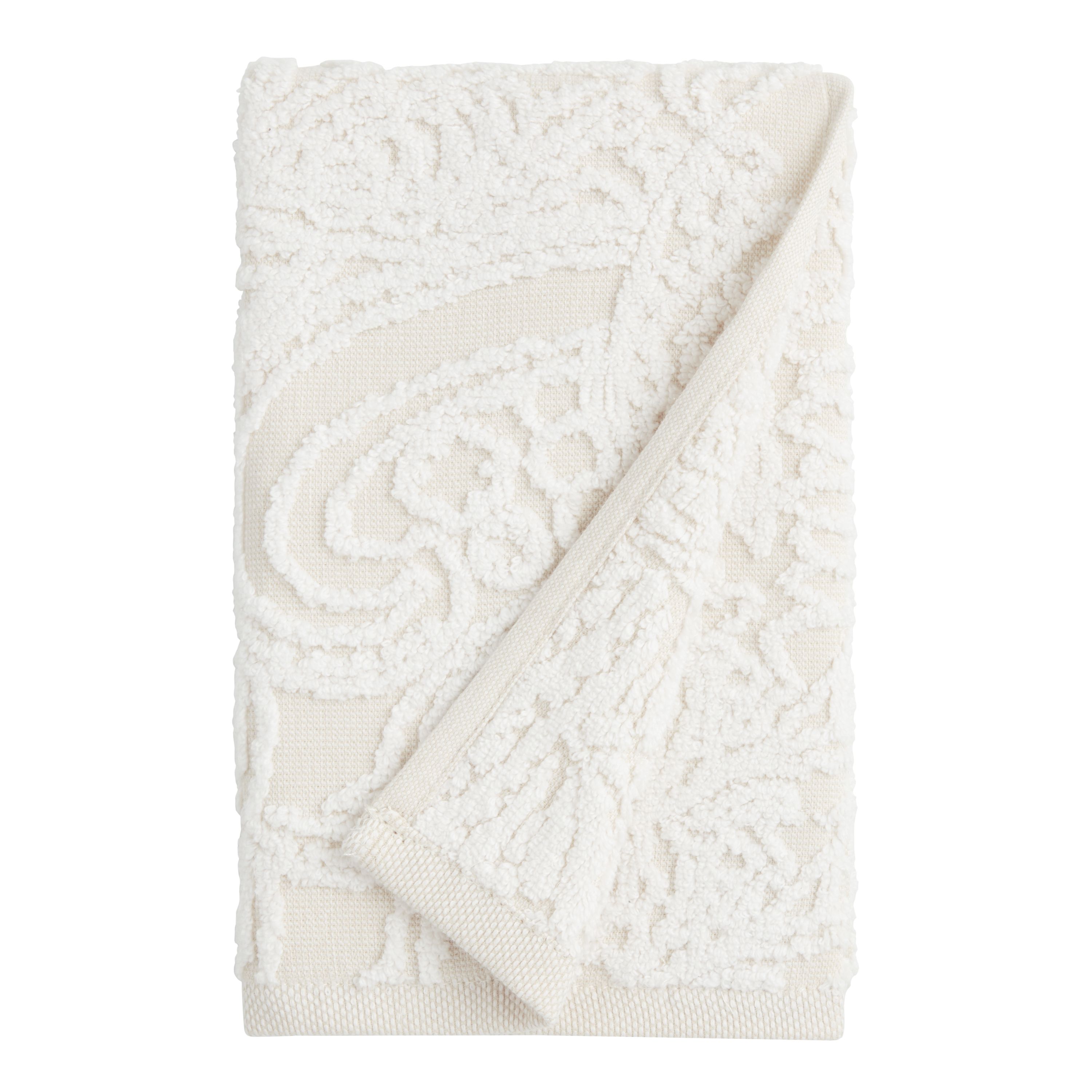 Anastasia Ivory And White Sculpted Paisley Hand Towel | World Market