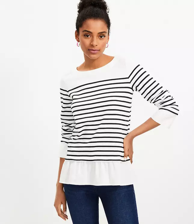 Petite Striped Ruffle Trim Mixed Media Top | LOFT