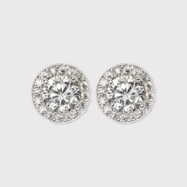 Women's Sterling Silver Cubic Zirconia Round Halo Button Stud Earrings - A New Day™ Silver/Clea... | Target