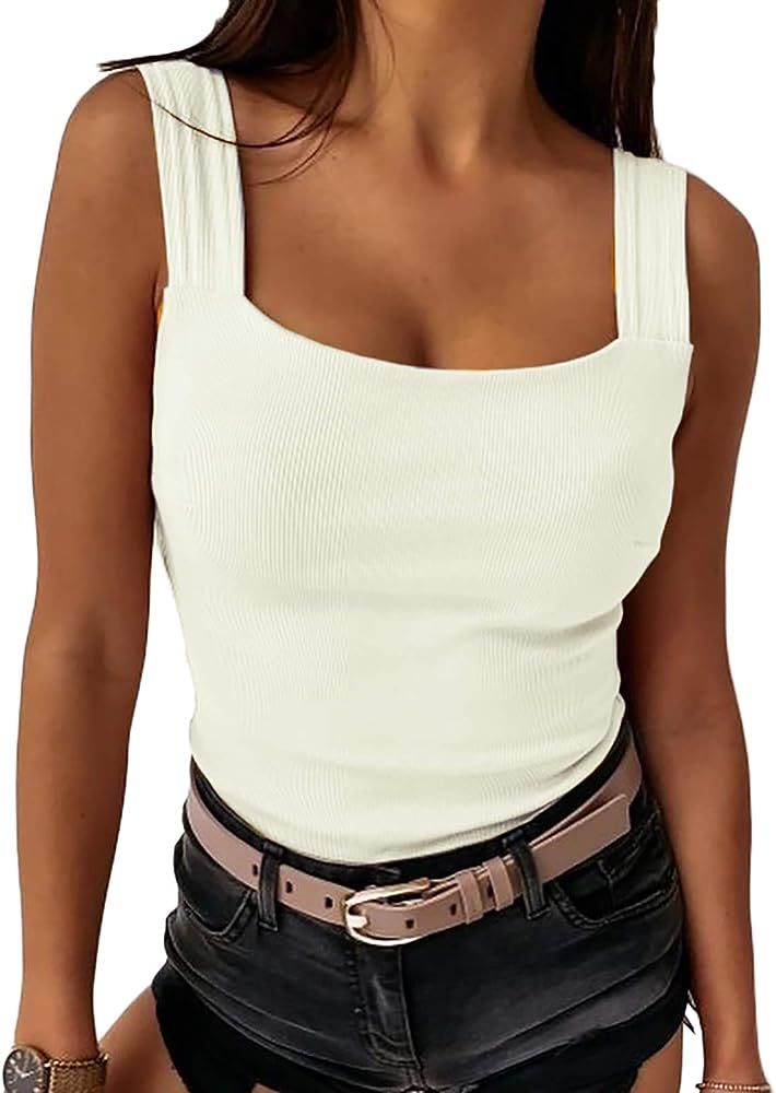 Womens Sexy Low Cut Square Neck Tank Top Casual Thick Strap Summer Solid Top | Amazon (US)