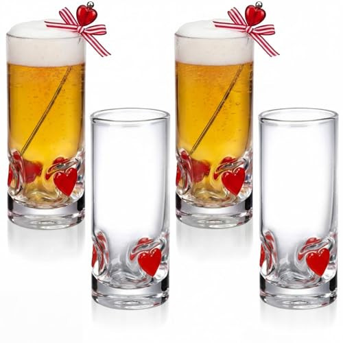 Qinyoung Valentine's Day Heart Drinking Glasses Icon Shot Cups Clear Heavy Base Valentine's Day Whiskey Red Heart Glass Set for Women Valentine Party Birthday Gift | Amazon (US)