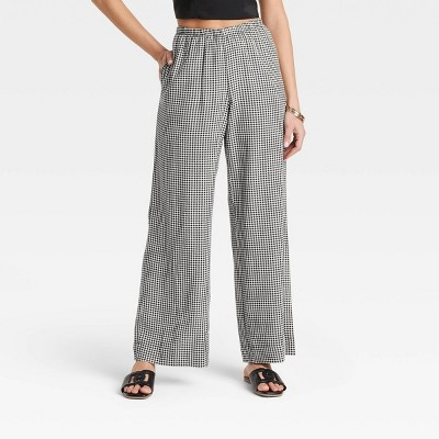 Women's Mid-Rise Wide Leg Linen Pull-On Pants - A New Day™ Black Gingham Check M Short: Seam Pocket, Adjustable Waistband, Canvas Fabric | Target