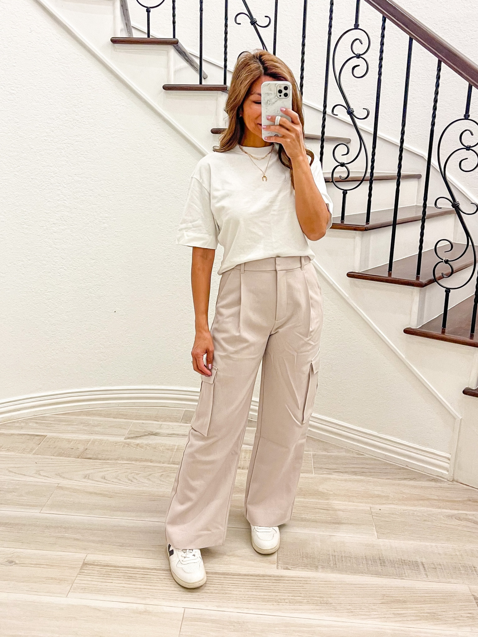 White tee in XS
Cargo trousers in my normal
Size. Size 26 short length
Veja shoes tts

#LTKSale #LTKFind #LTKsalealert
