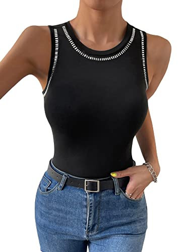 WDIRARA Women's Rhinestone Tank Top Sleeveless Summer Top Round Neck Tank Top Black M | Amazon (US)