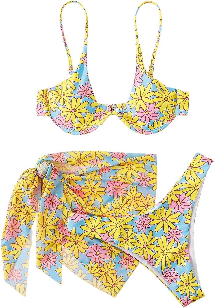 SOLY HUX Women's 3 Piece Tie Dye Bikini Set Swimsuit with Sarongs Cover Ups Beach Skirt Bathing Suit | Amazon (US)