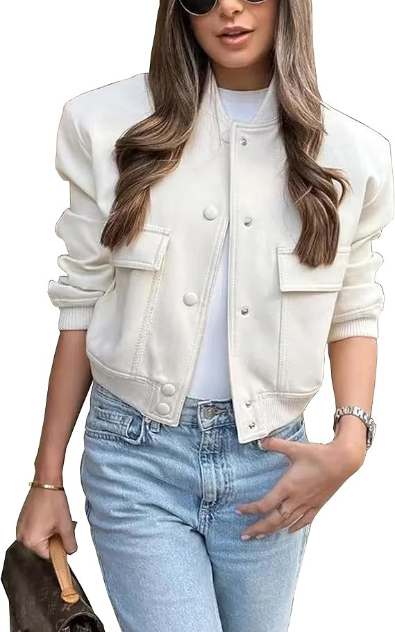 Lumister Women's Fashion Cropped Button Down Lightweight Cropped Bomber Jacket Varsity Shacket wi... | Amazon (US)