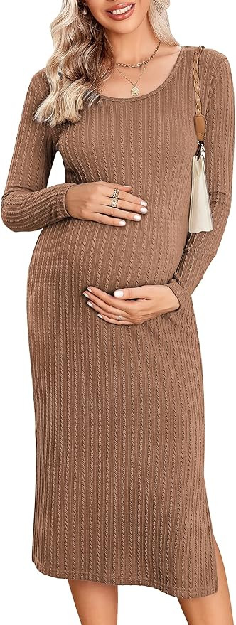 Ekouaer Maternity Dress Rib Knit Long Sleeve Side Slit Bodycon Dresses Pregnancy Baby Shower Clot... | Amazon (US)