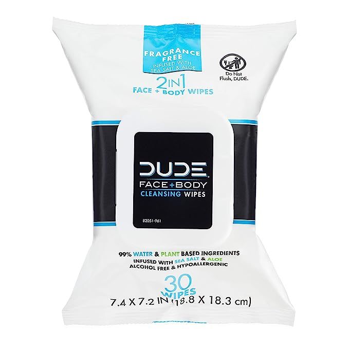 DUDE Wipes Face and Body Wipes - 1 Pack, 30 Wipes - Unscented Wipes with Sea Salt & Aloe - 2-in-1... | Amazon (US)