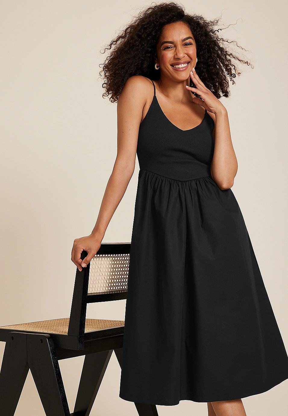 Drop Waist Mix Media Midi Dress | Maurices