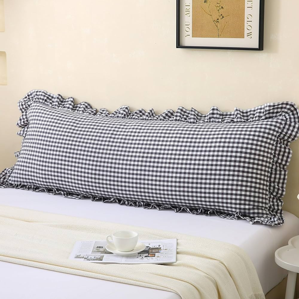 Vintage Gingham Ruffled Pillow Sham 20x54 Inches-Black/White Plaid Farmhouse Decor | 100% Washed ... | Amazon (US)