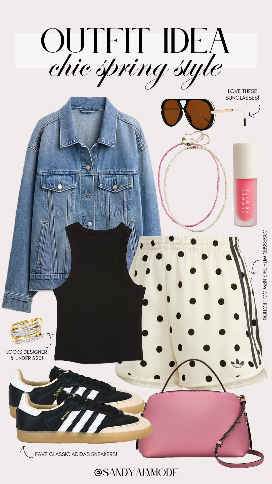 Chic spring style. Adidas polka dot collection. How to style adidas shorts for spring. Polka dot shorts and denim jacket. BaubleBar beaded necklace. Trendy beaded necklace. Black classic adidas. Classic spring style. Elevated comfy casual spring outfit idea  

#LTKSeasonal #LTKootd #LTKActive