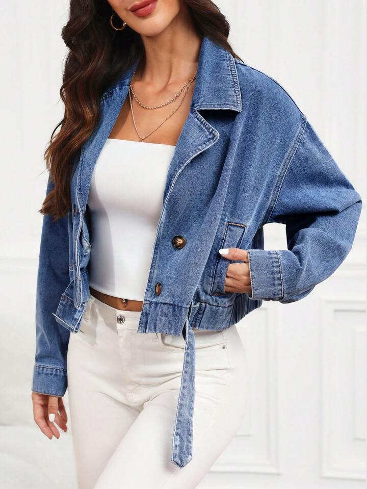 EMERY ROSE Women Distressed Lapel Double Breasted Long Sleeve Casual Denim Jacket | SHEIN