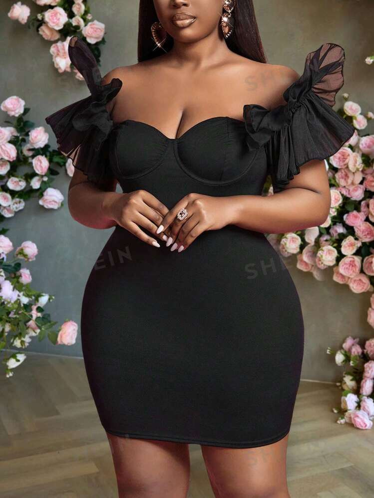 SHEIN Slayr Elegant & Party & Event Sexy Solid Black Mesh Puff Sleeve Crop Mini Cocktail Tight Dr... | SHEIN