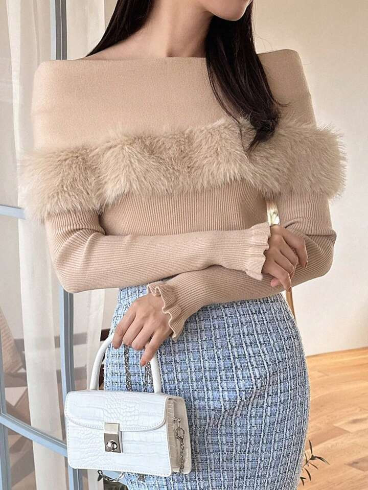 FRIFUL Foldover Off Shoulder Fuzzy Trim Sweater | SHEIN