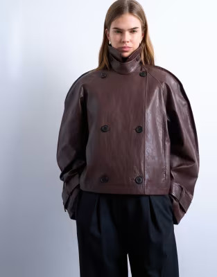 Topshop faux leather ovoid sleeve short trench in brown | ASOS (Global)