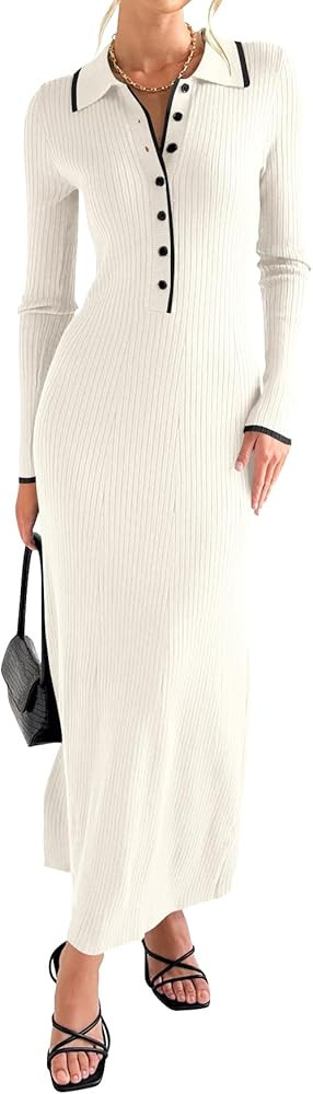 Langwyqu Womens Knit Long Sweater Dress Button V Neck Collared Long Sleeve Ribbed Bodycon Pullove... | Amazon (CA)