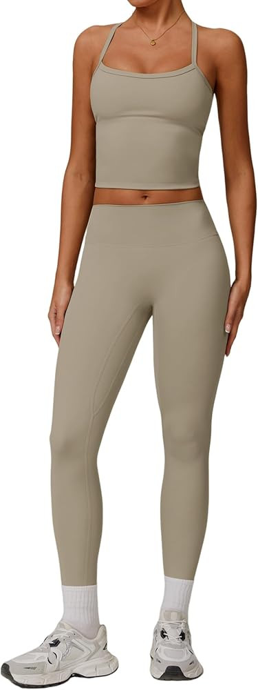 Womens Workout Sets Two Piece Cross Back Tank Top Matching High Waist Leggings Sets Gym Outfits W... | Amazon (US)