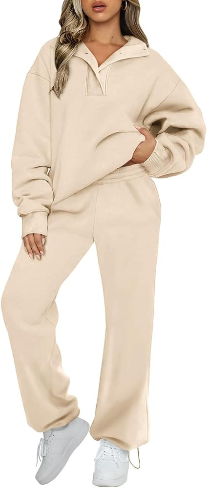 Aleumdr Womens 2 Piece Outfits Fleece Sweatsuit Lounge Set Snap Button Long Sleeve Sweatshirt wit... | Amazon (US)