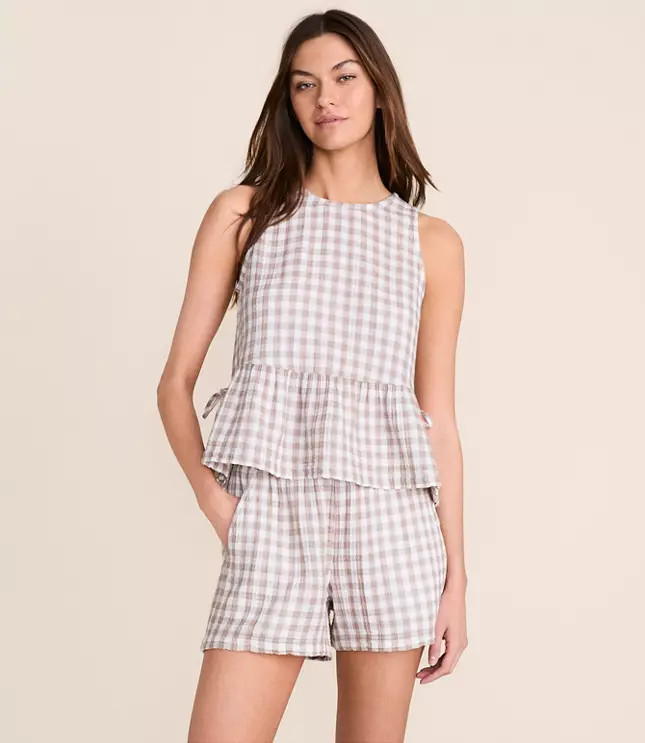 Petite Lou & Grey Checkered Triple Cloth Side Tie Peplum Top | LOFT